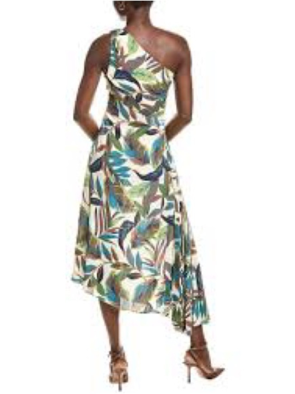Nicole Miller One-Shoulder Leaf-Print Midi Dress in Green, Blue and Tan - Picture 2 of 16